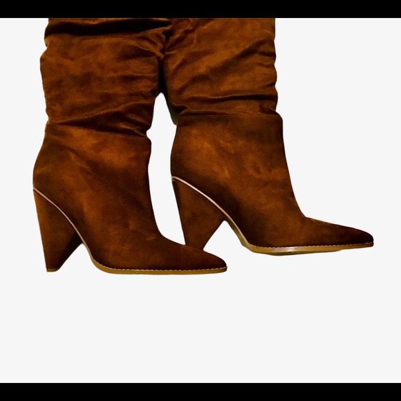 Pointed Toe Over The Knee High Heel Boots Chocolate - Picture 3 of 12